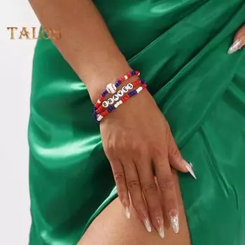Женский комплект браслетов из 3 шт./компл., День независимости, регулируемый контрастный цвет, гладкие бусины, бейсбольный кулон, браслеты с буквенным принтом, День гордости 1 Set