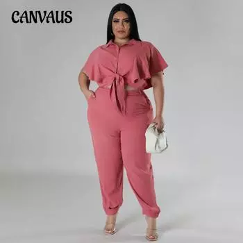 Женский комплект брюк плюс размер, летний галстук на пуговицах, однотонная рубашка, брюки, модный повседневный комплект 1XL чёрный