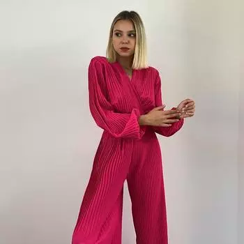 Женский комплект брюк с коротким топом и широкими штанинами с v-образным вырезом и плиссированными рукавами-пузырьками S ярко-розовый