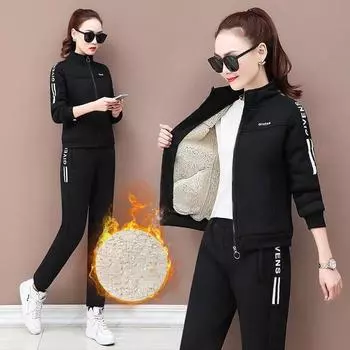 Женский комплект брюк, студенческая зимняя одежда, утолщенная куртка с капюшоном из овечьего флиса, повседневные широкие брюки, элегантный костюм из двух частей XXXL