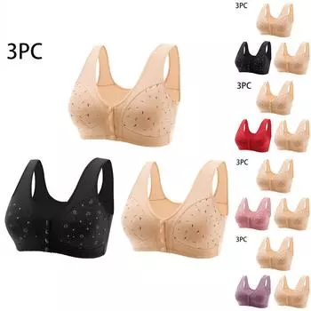 Женский комплект бюстгальтера из 3 предметов с принтом и пряжкой спереди без стального кольца, мягкое хлопковое нижнее белье большого размера L чёрный