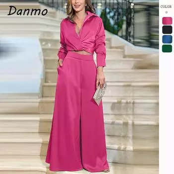 Женский комплект Danmo, рубашка и брюки, элегантный модный комплект из 2 предметов с v-образным вырезом и длинным рукавом, с высокой талией, офисные женские повседневные брючные костюмы XL чёрный