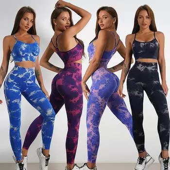 Женский комплект для йоги, леггинсы с высокой талией, бесшовные топы, спортивная одежда для тренировок, фитнес, фиолетовый спортивный костюм с галстуком-красителем S