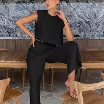 Женский комплект для отдыха на весну и лето, топ с круглым вырезом + брюки, комплект из двух предметов L белый