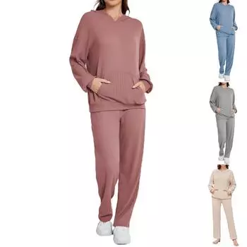 Женский комплект для отдыха с капюшоном, пижама, свободные длинные рукава, длинные брюки, домашняя одежда из двух предметов L хаки