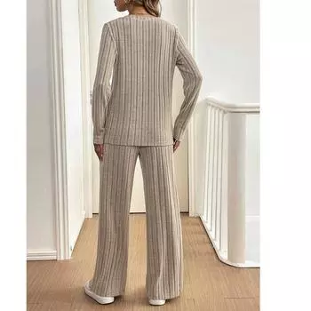 Женский комплект для отдыха, симпатичный пижамный комплект с длинным рукавом, повседневный комплект из 2 предметов, осенняя пижама с карманами S хаки