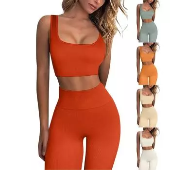 Женский комплект для тренировок, комплект из 2 предметов, бесшовный короткий жилет, шорты с высокой талией, одежда для йоги L чёрный