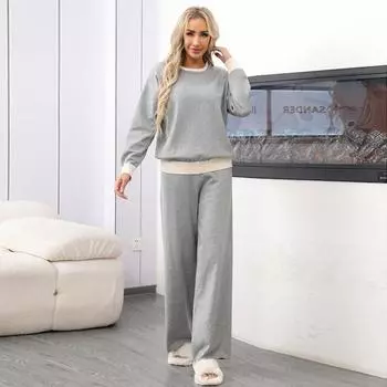 Женский комплект из 2-х предметов со свитером, трикотажные свитера, топы, широкие брюки, спортивный костюм, комплекты для отдыха, осенне-зимняя одежда, спортивный костюм для женщин S серый