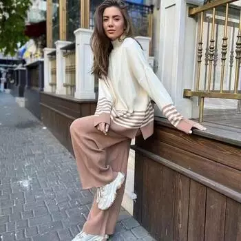 Женский комплект из 2-х предметов: свитер с высоким воротом, трикотажные топы с длинными рукавами и широкие брюки, комплекты для отдыха, осенне-зимняя одежда, спортивный костюм для женщин S чёрный