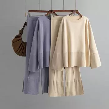 Женский комплект из 2-х предметов: свитер с высоким воротом, трикотажный свитер с длинными рукавами, топы, широкие брюки, комплекты для отдыха, осенне-зимняя одежда, спортивный костюм для женщин One Size чёрный