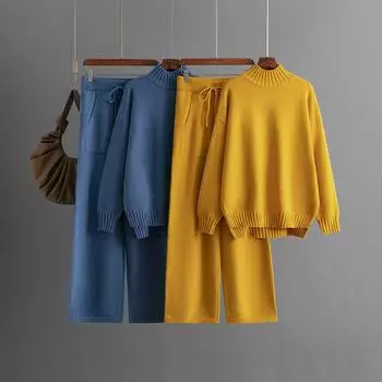 Женский комплект из 2-х предметов: свитер, свободная водолазка, трикотажный пуловер, топ, широкие брюки, комплекты для отдыха, объемные осенне-зимние дорожные наряды, спортивный костюм для женщин One Size чёрный