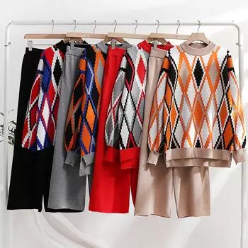 Женский комплект из 2-х предметов свитера, свободный трикотажный свитер с длинным рукавом и широкие брюки, комплекты для отдыха, осенне-зимняя одежда, спортивный костюм для женщин S белый