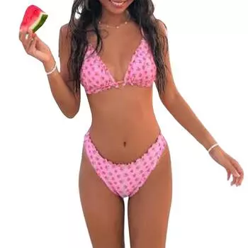 Женский комплект из 2 предметов бикини с цветочным принтом, без рукавов, бюстгальтер с подкладкой, плавки, пляжный купальный костюм розовый