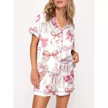 Женский комплект из 2 предметов для дома, пижама с коротким рукавом, милым бантом, застегивающаяся на пуговицы рубашка, топ + свободные шорты, комплект для сна S