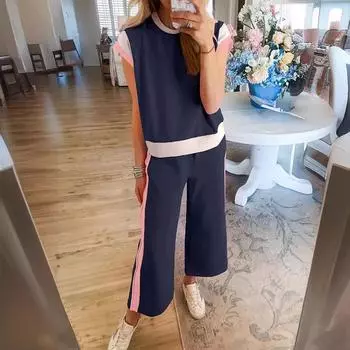 Женский комплект из 2 предметов для отдыха, повседневный свитер с коротким рукавом, топы, подходящие к широким брюкам, спортивный костюм S чёрный