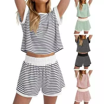 Женский комплект из 2 предметов для отдыха, полосатая рубашка с коротким рукавом и шорты, летний повседневный ребристый спортивный костюм, подходящий комплект M светло-зеленый