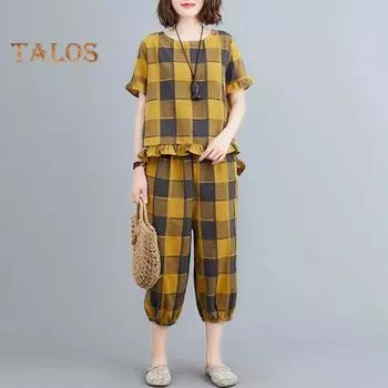 Женский комплект из 2 предметов для отдыха, повседневный клетчатый топ большого размера с короткими рукавами и спортивные брюки, летний свободный наряд L чёрный