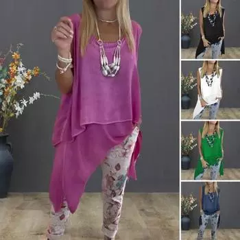 Женский комплект из 2 предметов для отдыха, безрукавка, асимметричный подол, майка, цветочные принты, спортивные штаны, повседневный свободный наряд на весну-лето M чёрный