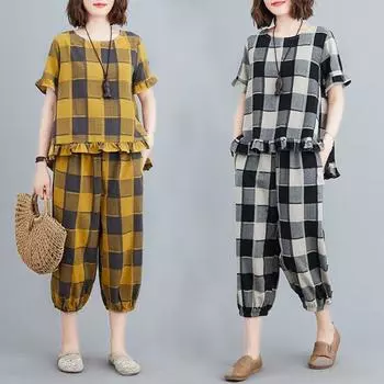 Женский комплект из 2 предметов для отдыха, повседневный клетчатый топ большого размера с короткими рукавами и спортивные брюки, летний свободный наряд L чёрный