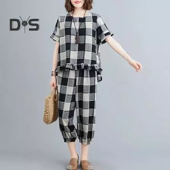 Женский комплект из 2 предметов для отдыха, повседневный клетчатый топ большого размера с короткими рукавами и спортивные брюки, летний свободный наряд L чёрный