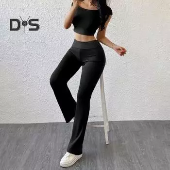 Женский комплект из 2 предметов для отдыха, укороченный топ с короткими рукавами и высокой талией, расклешенные брюки, спортивный костюм, повседневный спортивный костюм с расклешенными бретелями для занятий йогой и фитнесом XL коричневый