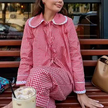 Женский комплект из 2 предметов домашней одежды в клетку, пижамный комплект со шнуровкой спереди, кружевной отделкой, воротником-стойкой, рубашками и брюками, нарядный костюм S красный