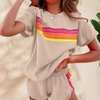 Женский комплект из 2 предметов: футболка с коротким рукавом и круглым вырезом, эластичная резинка на талии, широкие шорты, комплект в стиле пэчворк, уличный стиль M синий