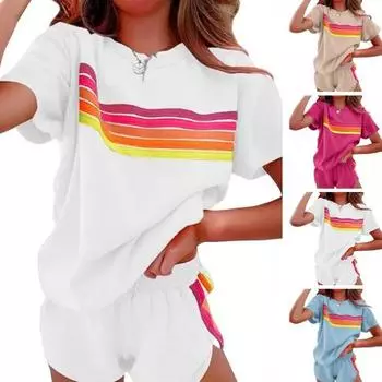 Женский комплект из 2 предметов: футболка с коротким рукавом и круглым вырезом, эластичная резинка на талии, широкие шорты, комплект в стиле пэчворк, уличный стиль M белый