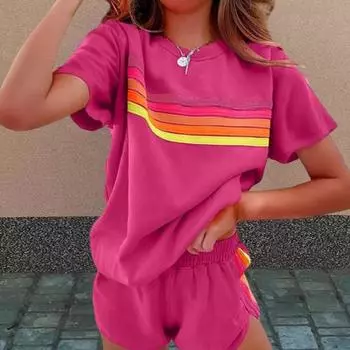 Женский комплект из 2 предметов: футболка с коротким рукавом и круглым вырезом, эластичная резинка на талии, широкие шорты, комплект в стиле пэчворк, уличный стиль S синий