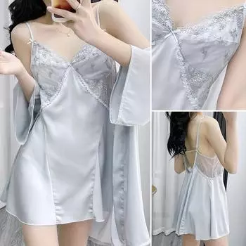Женский комплект из 2 предметов халата с вышитыми цветами ночная рубашка нижнее белье сексуальная кружевная ночная рубашка с открытой спиной пижамы свободный атласный халат домашнее платье M