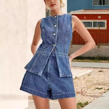 Женский комплект из 2 предметов из денима, майка без рукавов на пуговицах и шорты, повседневный деловой джинсовый пиджак, жилет M светло-синий