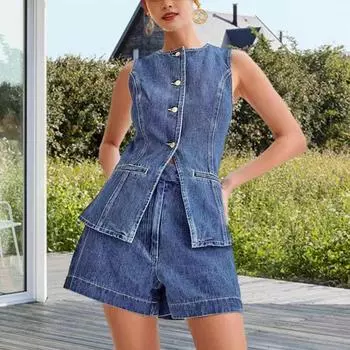 Женский комплект из 2 предметов из денима, майка без рукавов на пуговицах и шорты, повседневный деловой джинсовый пиджак, жилет XL светло-синий