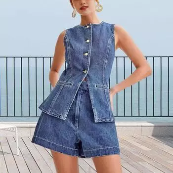 Женский комплект из 2 предметов из денима, майка без рукавов на пуговицах и шорты, повседневный деловой джинсовый пиджак, жилет M светло-синий