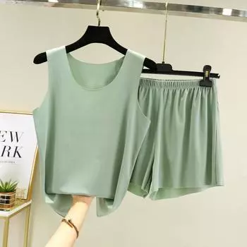 Женский комплект из 2 предметов из ледяного шелка, женский свободный жилет без рукавов, топ и шорты, пижамный комплект с ками, сексуальный укороченный топ и шорты, женские пижамы XXL зелёный