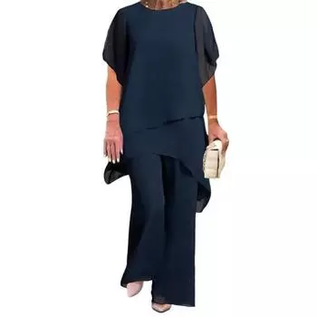 Женский комплект из 2 предметов из шифона, повседневный костюм больших размеров с широкими брюками, асимметричные слои, наряд для гостей на свадьбу на весну и лето S темно-синий