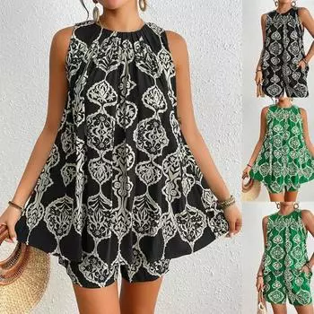 Женский комплект из 2 предметов, летний костюм с шортами, одежда без рукавов, праздничная пляжная одежда, топ без рукавов + костюм с шортами S чёрный