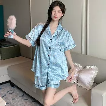 Женский комплект из 2 предметов, летняя пижама с коротким рукавом 2025 года, шелковая модная пижама с леопардовым принтом, сексуальный атласный пижамный комплект, домашняя одежда M