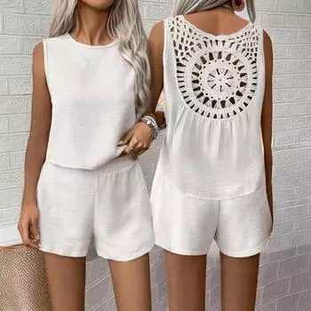 Женский комплект из 2 предметов: майка без рукавов с открытой спиной, широкие шорты, повседневный свободный костюм для отдыха S легкие хаки