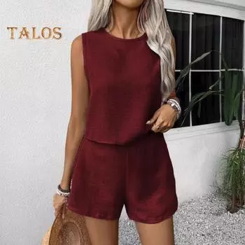 Женский комплект из 2 предметов: майка без рукавов с открытой спиной, широкие шорты, повседневный свободный костюм для отдыха S чёрный