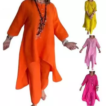 Женский комплект из 2 предметов: нарядное платье-рубашка больших размеров с длинными рукавами и широкими брюками S оранжевый