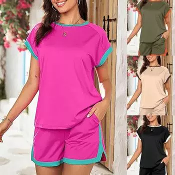 Женский комплект из 2 предметов одежды, повседневная рубашка с коротким рукавом и шорты, повседневный костюм, женский летний костюм S красный