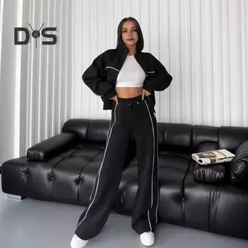 Женский комплект из 2 предметов: пальто и брюки, полувысокий воротник, застежка-молния, длинный рукав, эластичный пояс, широкие брюки, карманы, зимний повседневный спортивный костюм S чёрный