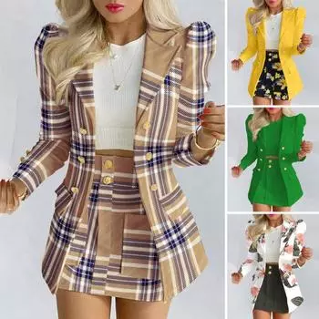 Женский комплект из 2 предметов: пальто и юбка, деловой стиль, клетчатый принт, отложной воротник, куртка средней длины, высокая талия, мини-юбка А-силуэта, наряд для поездок на работу S зелёный