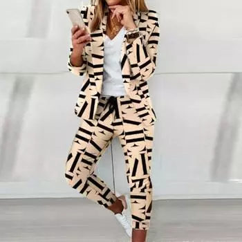 Женский комплект из 2 предметов: пальто, брюки, отложной воротник, клетчатый принт, длинные рукава, куртка, облегающий крой S чёрный