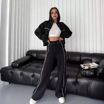 Женский комплект из 2 предметов: пальто и брюки, полувысокий воротник, застежка-молния, длинный рукав, эластичный пояс, широкие брюки, карманы, зимний повседневный спортивный костюм S синий