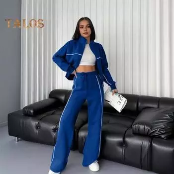 Женский комплект из 2 предметов: пальто и брюки, полувысокий воротник, застежка-молния, длинный рукав, эластичный пояс, широкие брюки, карманы, зимний повседневный спортивный костюм S светло-серый