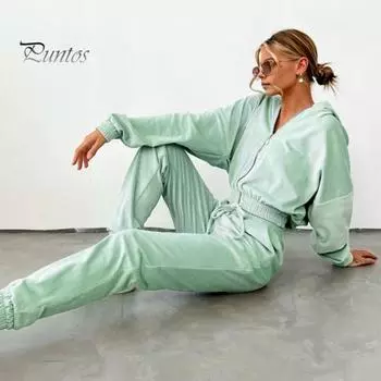 Женский комплект из 2 предметов: пальто, брюки, капюшон, застежка-молния, длинный рукав, короткий топ, эластичный подол и талия, карманы на щиколотках, брюки, зимний повседневный спортивный костюм M зелёный