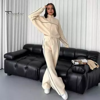 Женский комплект из 2 предметов: пальто и брюки, полувысокий воротник, застежка-молния, длинный рукав, эластичный пояс, широкие брюки, карманы, зимний повседневный спортивный костюм S синий