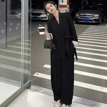 Женский комплект из 2 предметов: пальто и брюки, длинные рукава, застежка на пуговицы, V-образный вырез, кардиган, куртка средней длины, прямые брюки с высокой талией, деловой наряд M белый