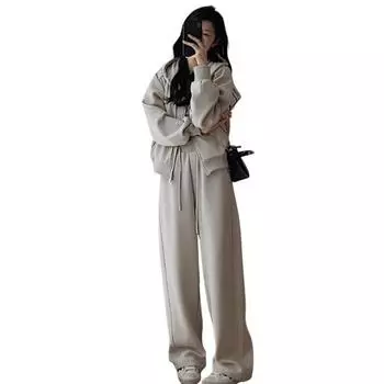 Женский комплект из 2 предметов: пальто, брюки, костюм с капюшоном, застежкой-молнией, длинный рукав, толстая плюшевая подкладка, куртка с эластичной талией на шнурке, широкие брюки с карманами M хаки